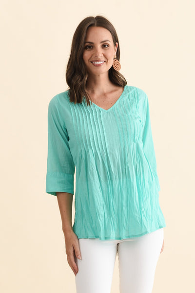 Fia Sky Blue Sleeved Crinkle Cotton Top