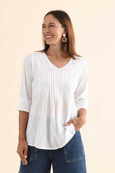 Fia White Sleeved Crinkle Cotton Top