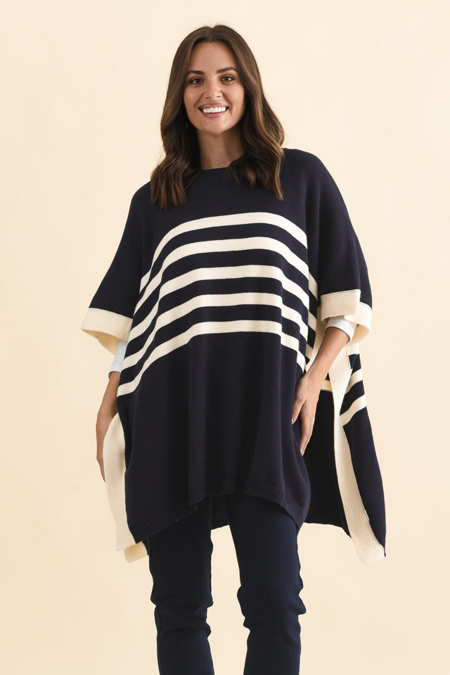 Fidelia Navy Stripe Knit Poncho,Brunette model,alt text|model:MJ