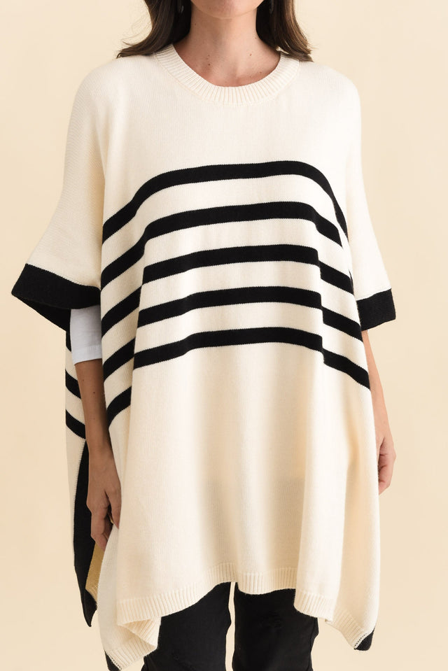 Fidelia White Stripe Knit Poncho,Brunette model,alt text|model:MJ image 7