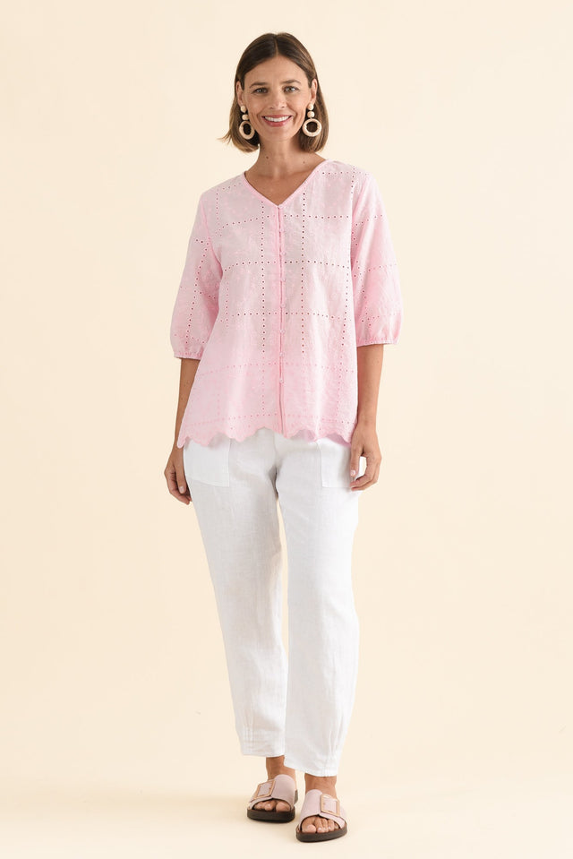 Fira Blush Cotton Embroidered Top,Full Body,Brunette model,alt text|model:Laura image 6