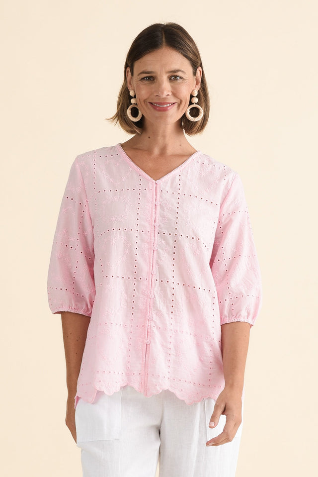 Fira Blush Cotton Embroidered Top,Front,Brunette model,alt text|model:Laura