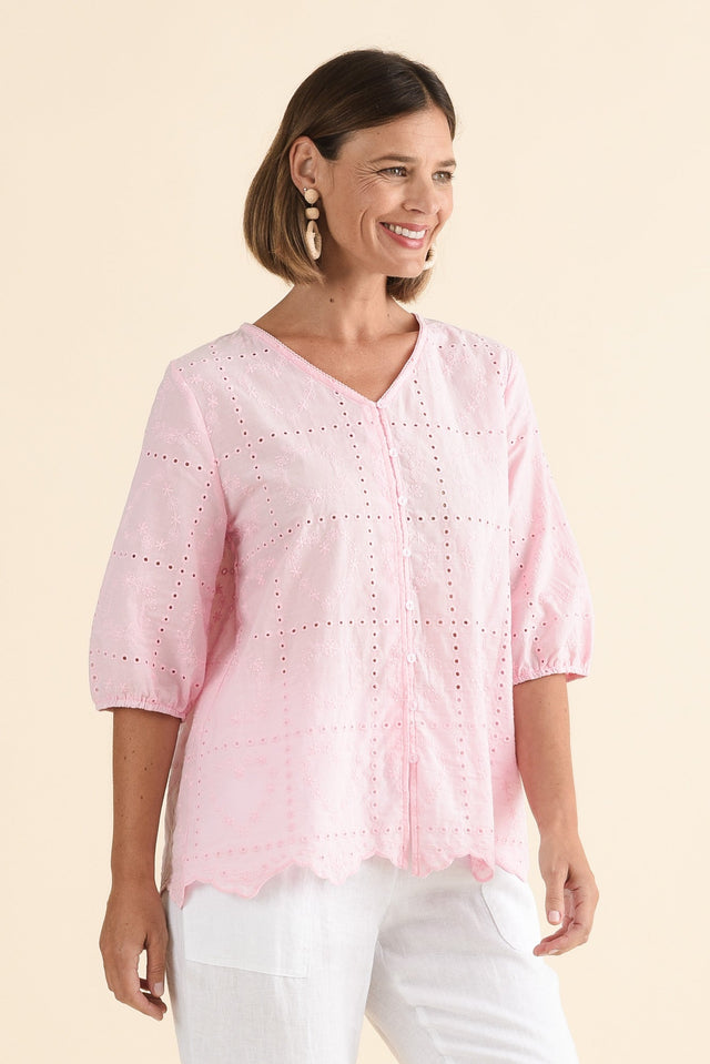 Fira Blush Cotton Embroidered Top,Side,Brunette model,alt text|model:Laura image 3