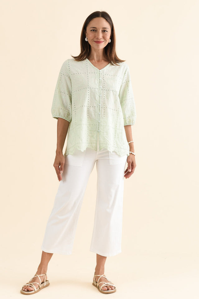 Fira Sage Cotton Embroidered Top,Full Body,Brunette model,alt text|model:Cara