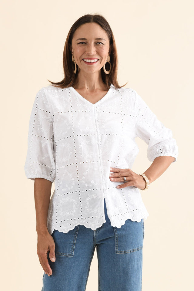 Fira White Cotton Embroidered Top,Front,Brunette model,alt text|model:Cara image 1