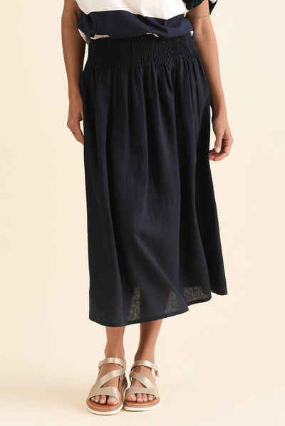 Flair Navy Linen Blend Shirred Skirt