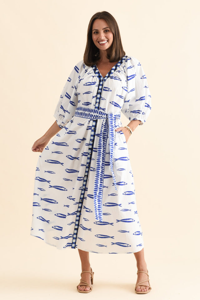Florence Blue Sea Cotton Tie Dress,Brunette model,alt text|model:MJ image 3
