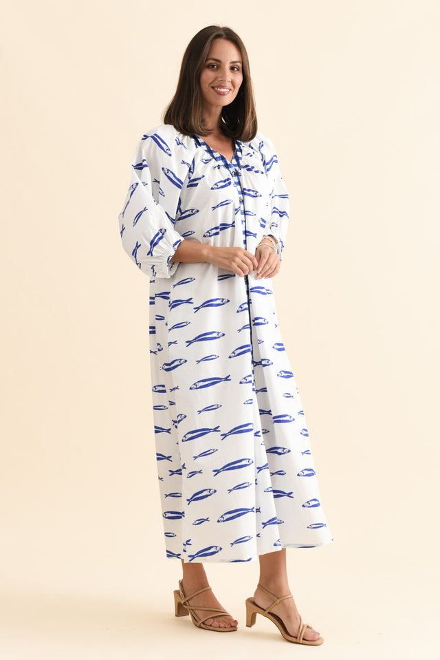 Florence Blue Sea Cotton Tie Dress,Brunette model,alt text|model:MJ image 4