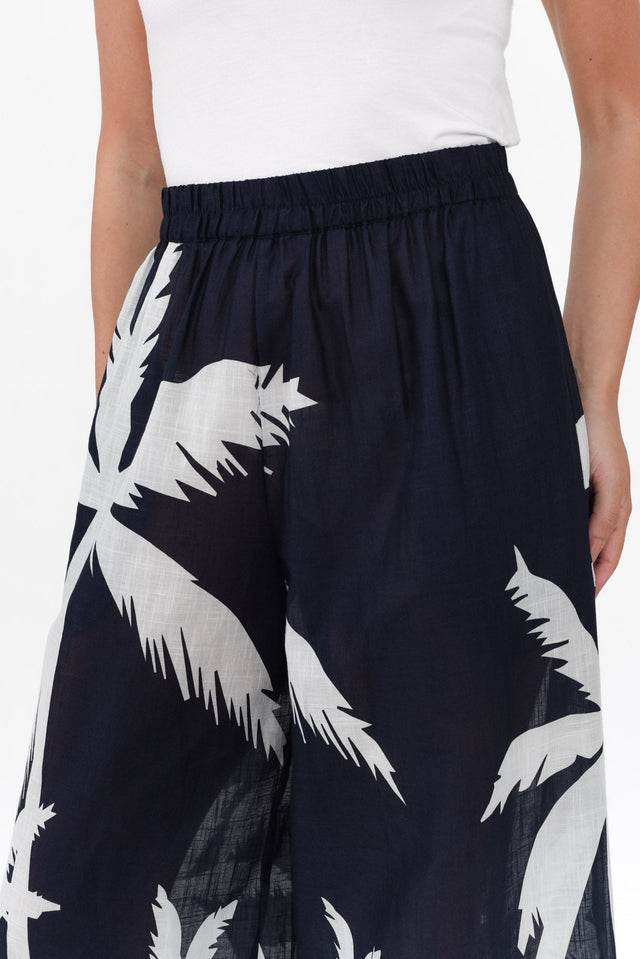 Fly Away Navy Palm Cotton Pants,Brunette model,alt text|model:MJ image 6