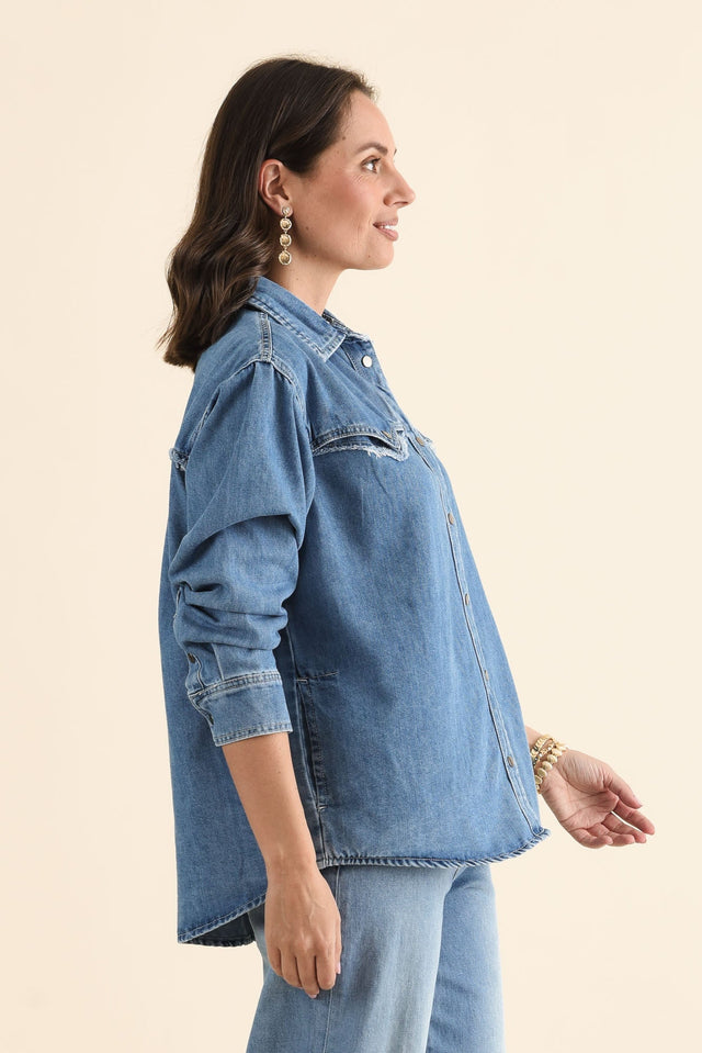 Flynn Blue Denim Button Shirt,brunette model,Side of Outfit,alt text|model:MJ image 3