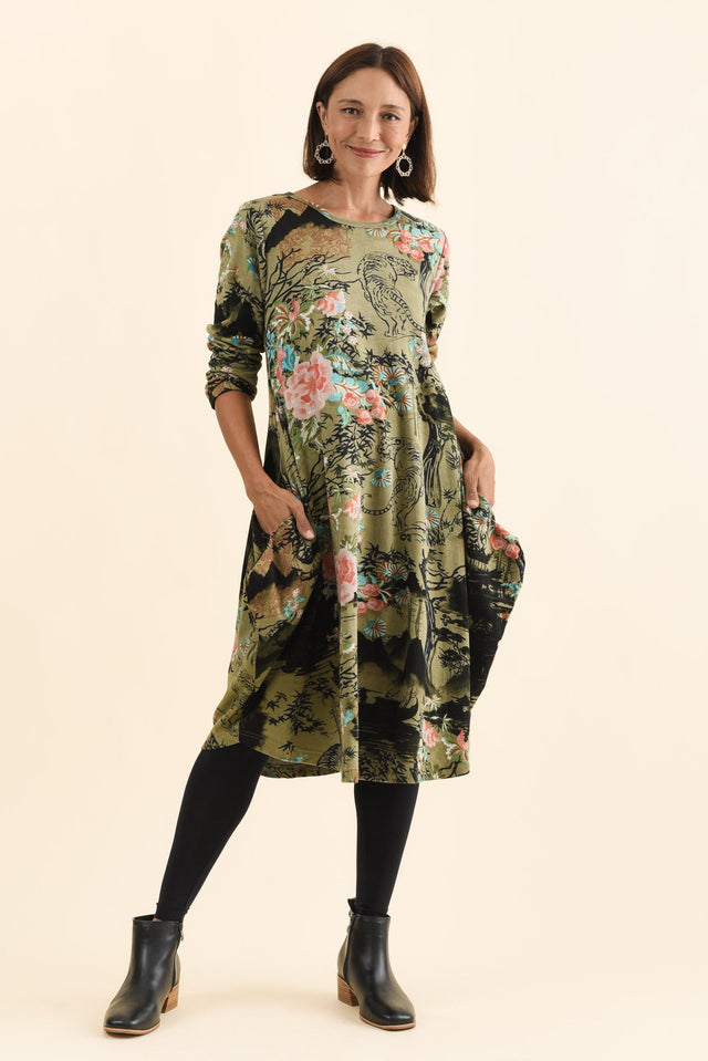 Fonte Olive Blossom Cotton Knit Dress,Brunette model,alt text|model:Cara image 3