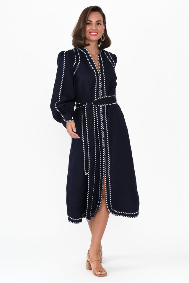 Nova Navy Ink Linen Blend Dress,Brunette model,alt text|model:MJ image 6