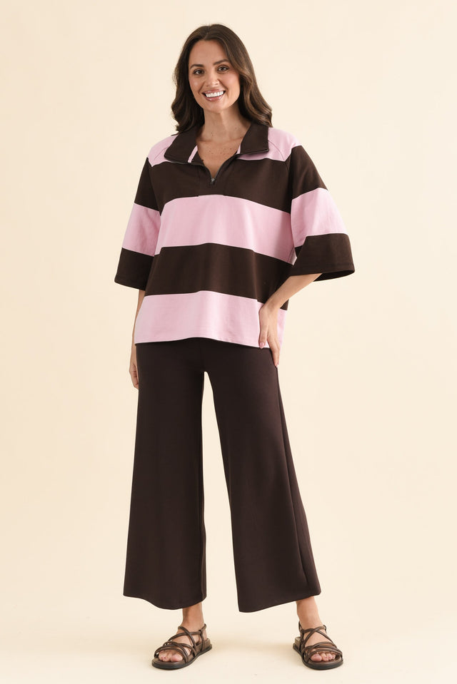Freedom Chocolate Stripe Cotton Collared Sweat,Full Body,Brunette model,alt text|model:MJ image 2