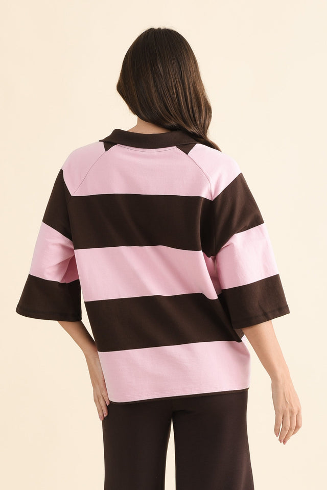 Freedom Chocolate Stripe Cotton Collared Sweat,Back,Brunette model,alt text|model:MJ image 4