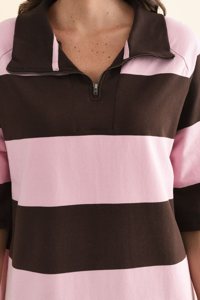 Freedom Chocolate Stripe Cotton Collared Sweat,Detail,Brunette model,alt text|model:MJ image 5