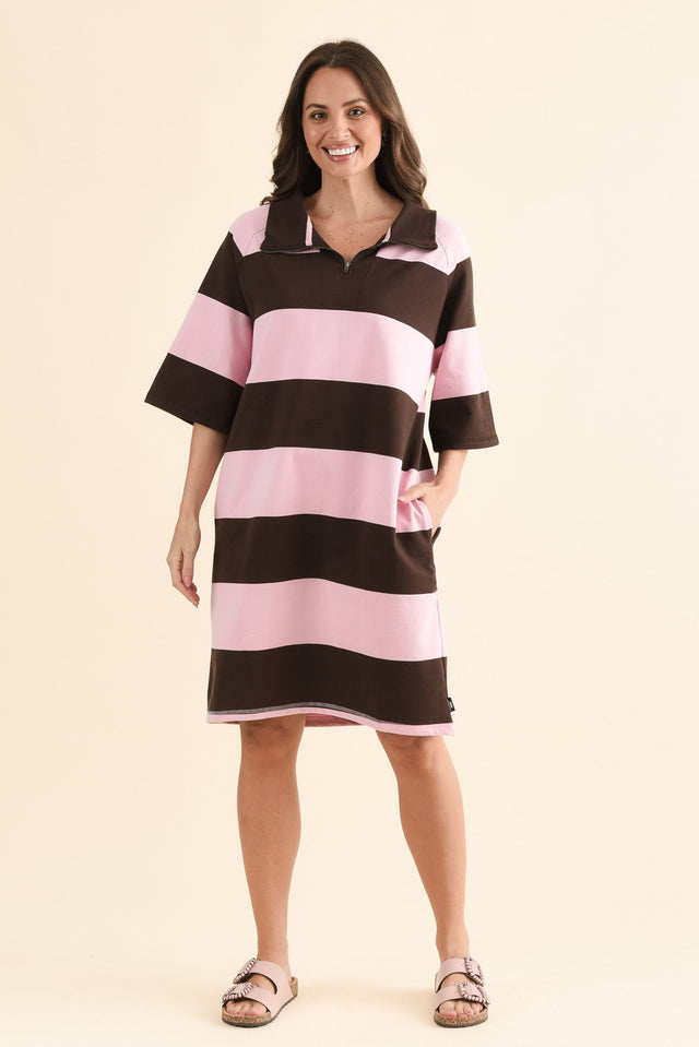Freedom Chocolate Stripe Cotton Pocket Dress,Full Body,Brunette model,alt text|model:MJ