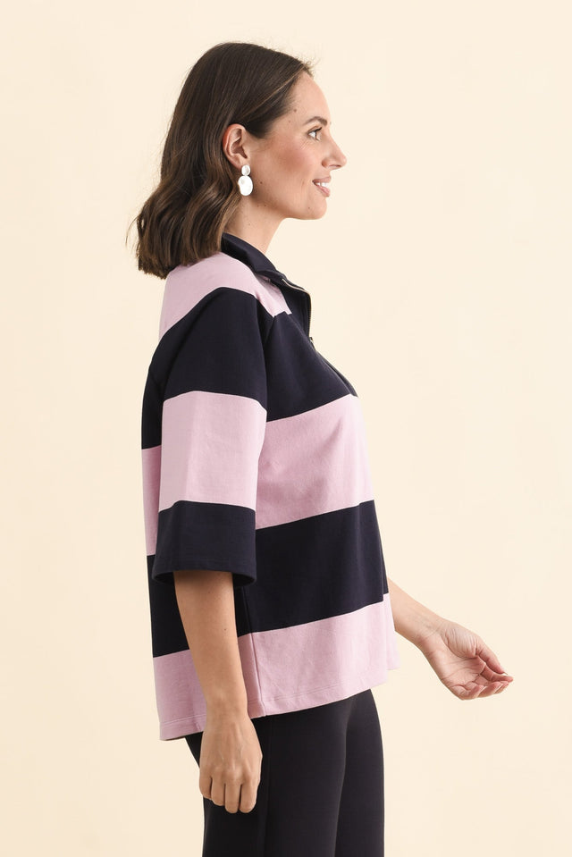 Freedom Pink Stripe Cotton Collared Sweat,Brunette model,alt text|model:MJ image 4