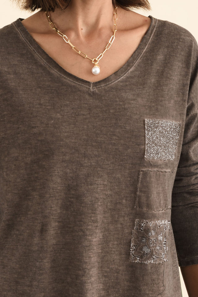 Fulton Brown Patchwork Cotton Top,Brunette model,alt text|model:Cara image 6