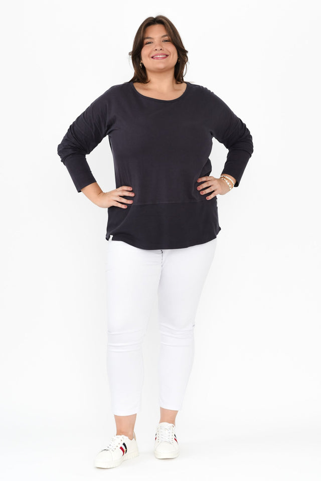 Fundamental Navy Cotton Rib Sleeved Top,Brunette model,alt text|model:Gabby image 10