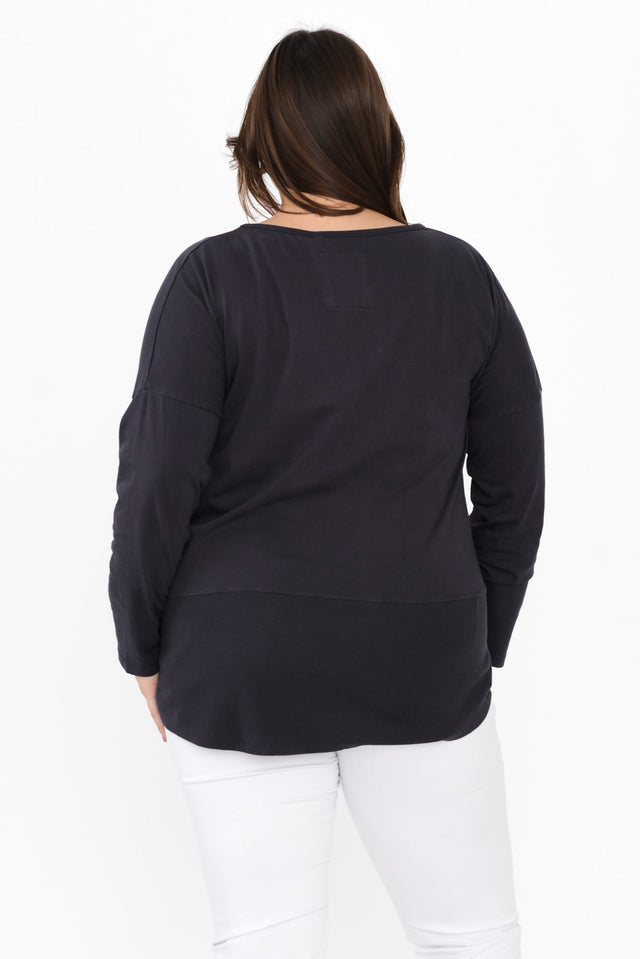 Fundamental Navy Cotton Rib Sleeved Top,Brunette model,alt text|model:Gabby image 12