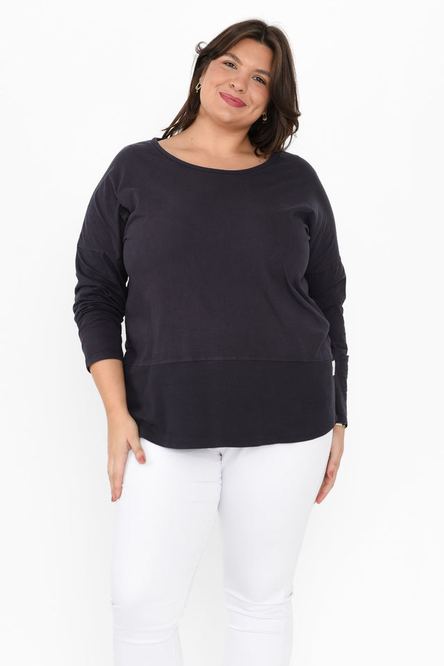 Fundamental Navy Cotton Rib Sleeved Top,Brunette model,plus-size,curve-basics,curve-tops,plus-size-sleeved-tops,plus-size-cotton-tops,plus-size-basic-tops,plus-size-jumpers,alt text|model:Gabby image 9