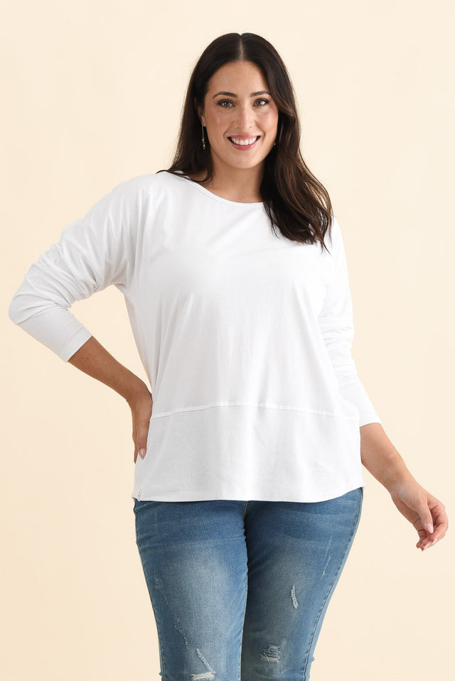 Fundamental White Cotton Rib Sleeved Top,Brunette model,alt text|model:Emilia image 9