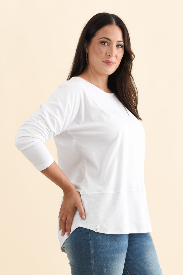 Fundamental White Cotton Rib Sleeved Top,Brunette model,alt text|model:Emilia image 11
