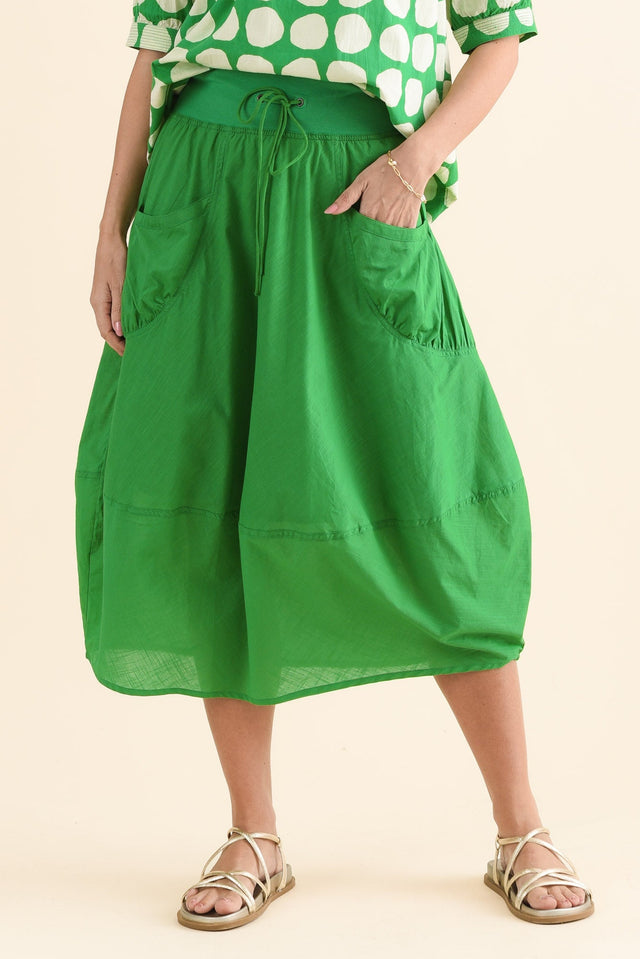 Gabe Fern Green Cotton Pocket Skirt,Front,Brunette model,alt text|model:MJ