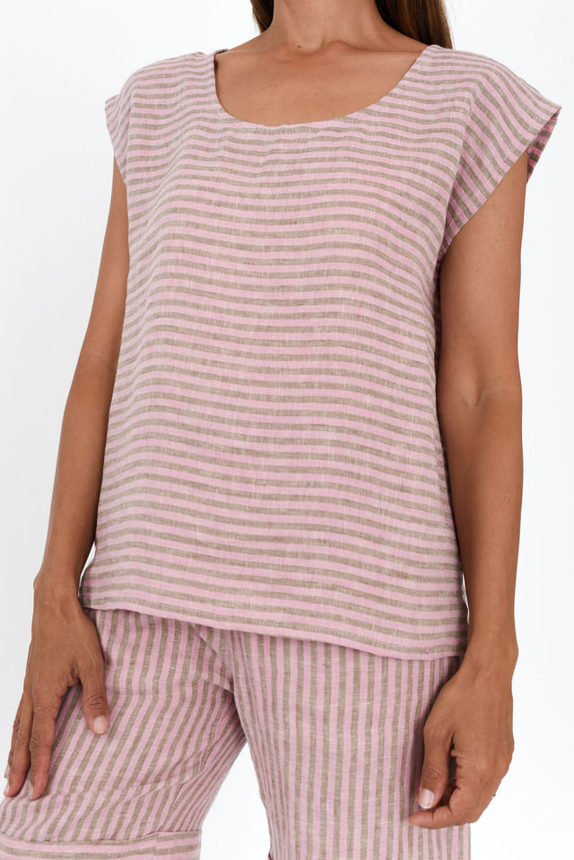 Gabriele Beige Stripe Linen Top,Brunette model,alt text|model:Cara image 5