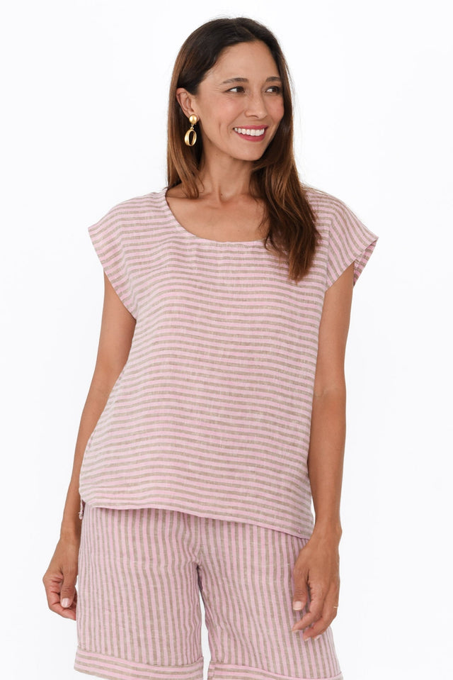 Gabriele Beige Stripe Linen Top,Brunette model,alt text|model:Cara image 1