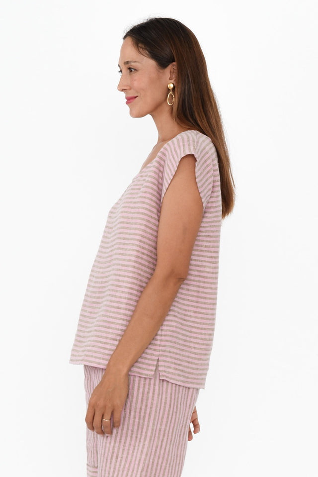 Gabriele Beige Stripe Linen Top,Brunette model,alt text|model:Cara image 3