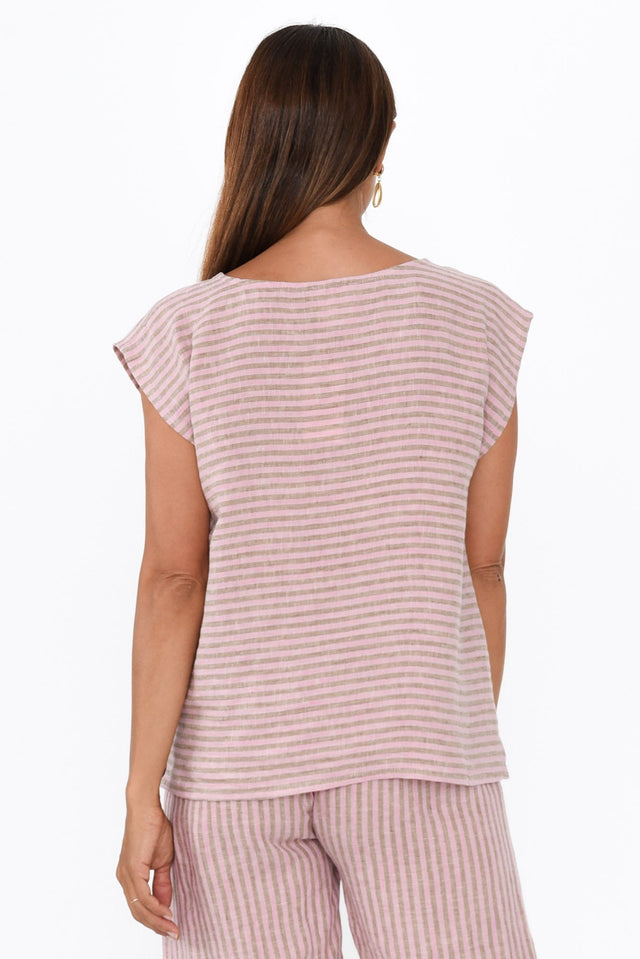 Gabriele Beige Stripe Linen Top,Brunette model,alt text|model:Cara image 4