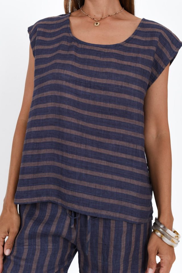 Gabriele Navy Stripe Linen Top,Brunette model,alt text|model:Cara image 5