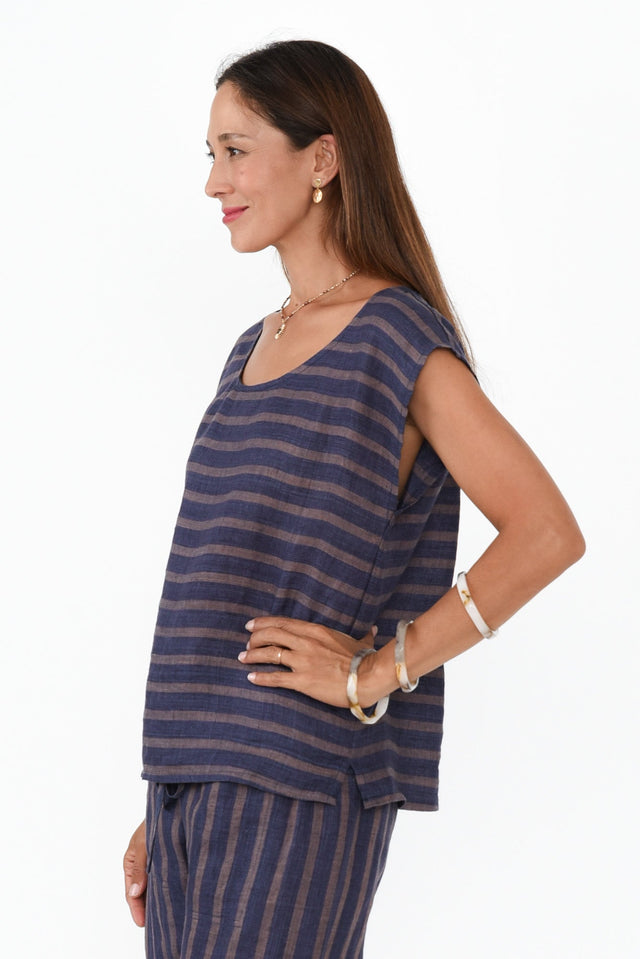 Gabriele Navy Stripe Linen Top,Brunette model,alt text|model:Cara image 3