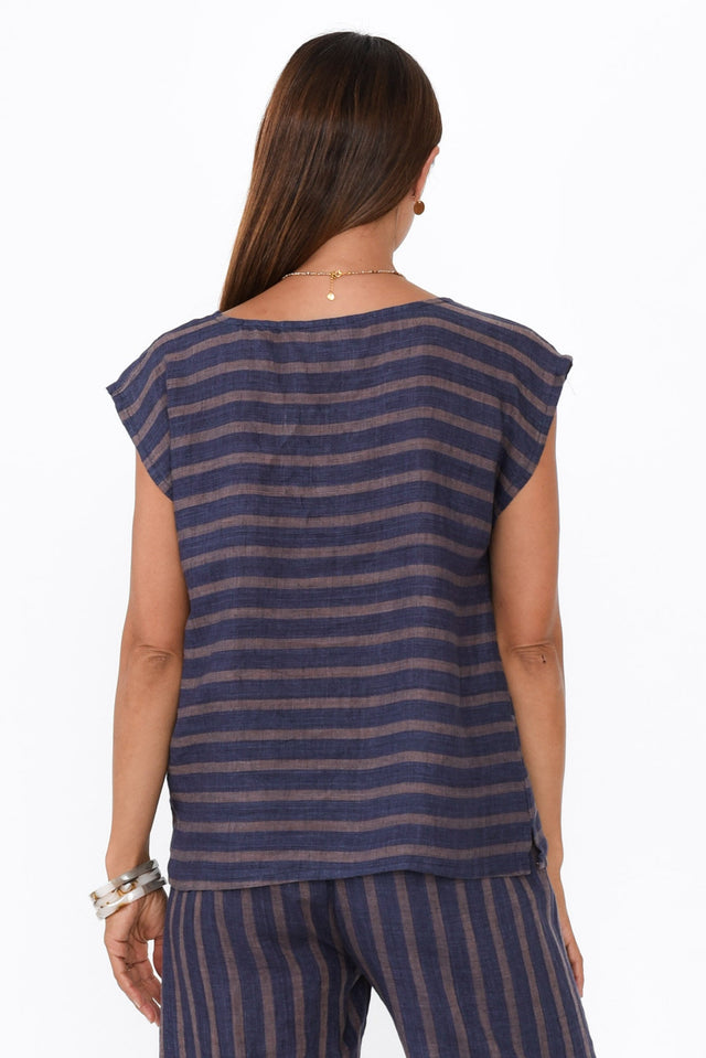 Gabriele Navy Stripe Linen Top,Brunette model,alt text|model:Cara image 4