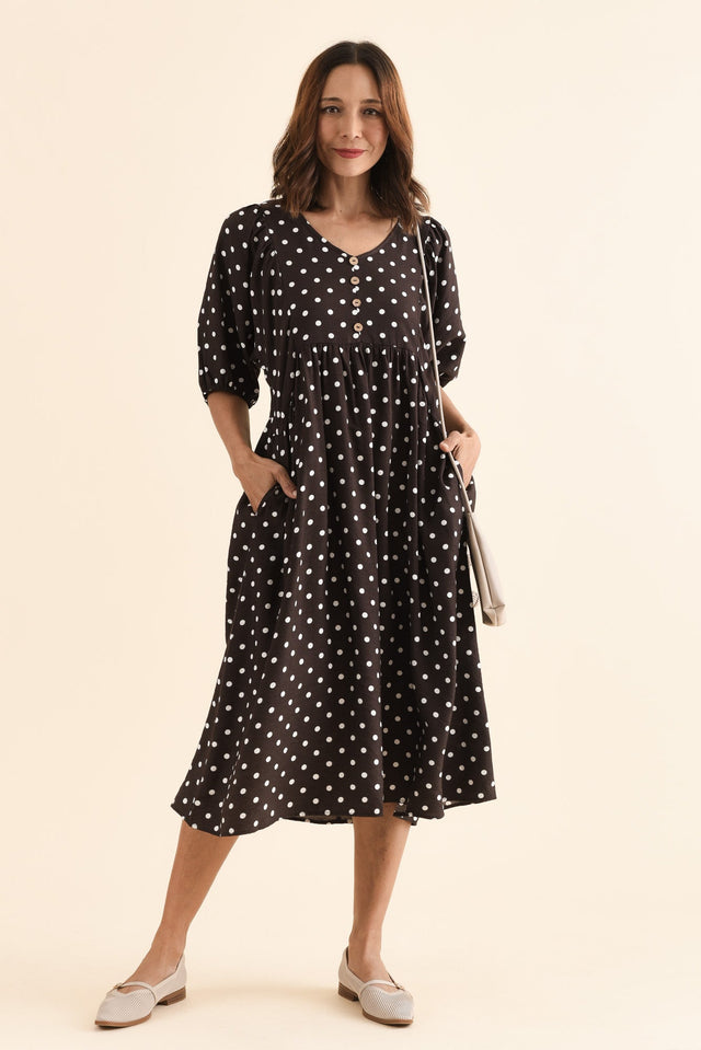 Gabriella Brown Spot Pocket Dress,Front,Brunette model,alt text|model:Cara