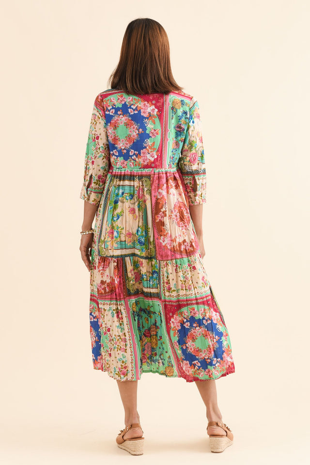 Gada Green Mosaic Cotton Tiered Dress,Back,Brunette model,alt text|model:Cara image 5