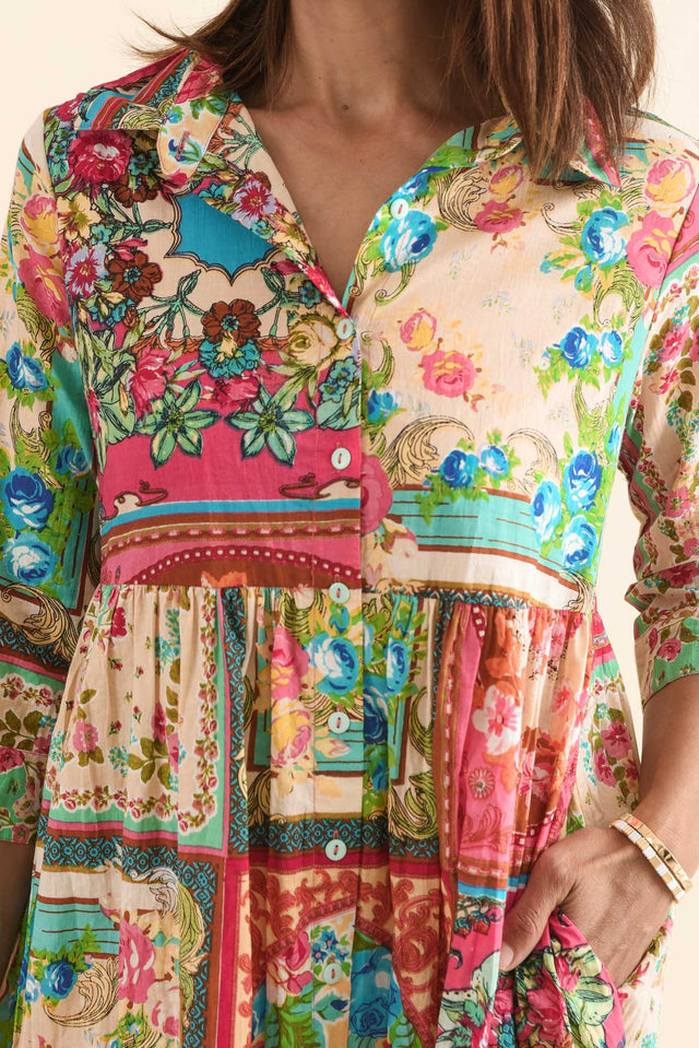 Gada Green Mosaic Cotton Tiered Dress,Detail,Brunette model,alt text|model:Cara image 6