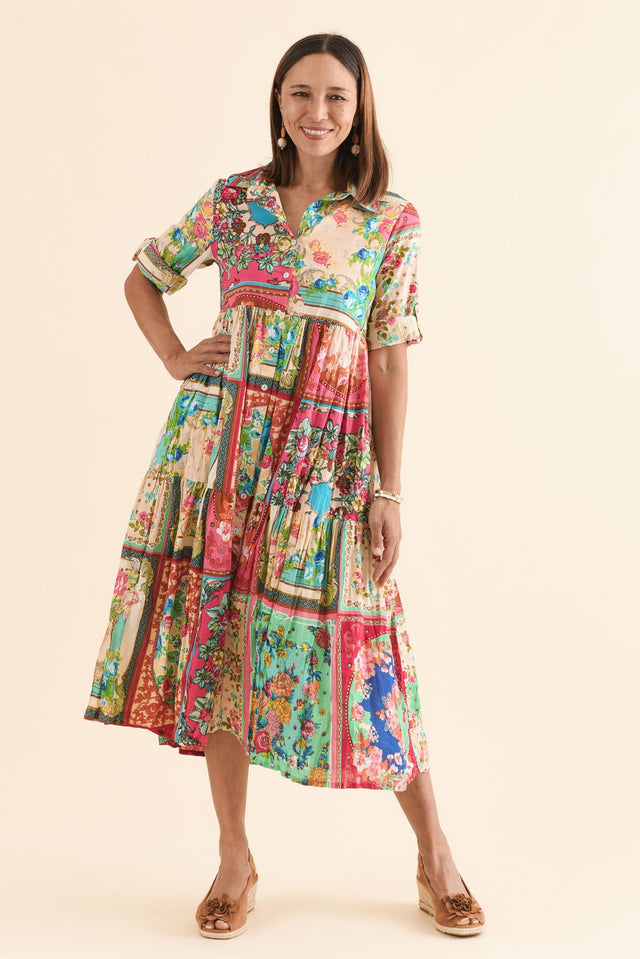 Gada Green Mosaic Cotton Tiered Dress,Full Body,Brunette model,alt text|model:Cara image 7
