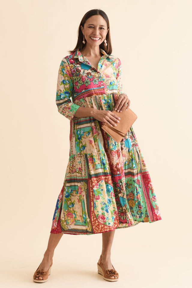 Gada Green Mosaic Cotton Tiered Dress,Front,Brunette model,alt text|model:Cara