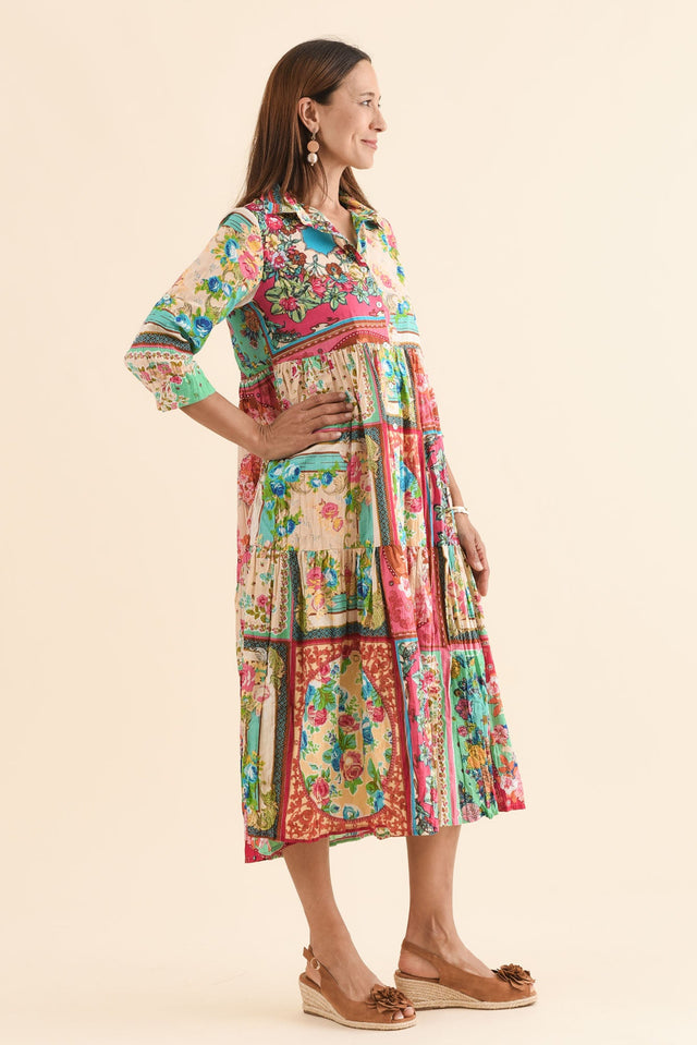 Gada Green Mosaic Cotton Tiered Dress,Side,Brunette model,alt text|model:Cara image 4