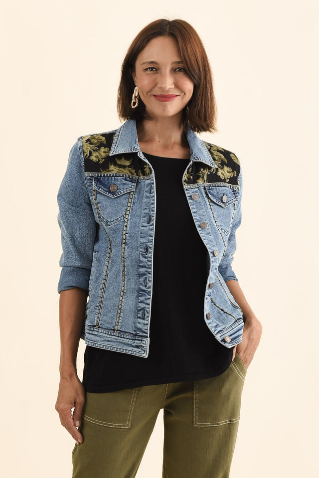 Gaia Pink Tiger Denim Jacket,Brunette model,alt text|model:Cara