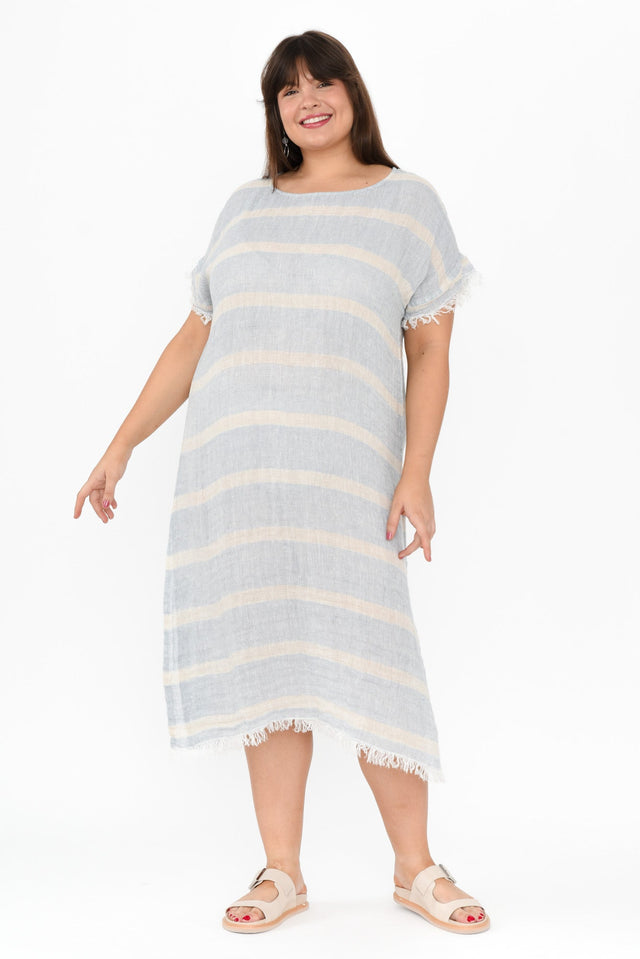 Galene Blue Stripe Linen Dress,Brunette model,alt text|model:Gabby image 9