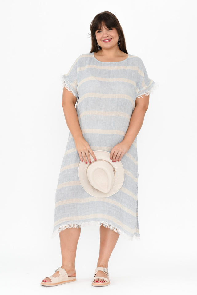 Galene Blue Stripe Linen Dress,Brunette model,plus-size,curve-dresses,plus-size-midi-dresses,plus-size-linen-dresses,curve-kaftans,plus-size-summer-dresses,alt text|model:Gabby image 6