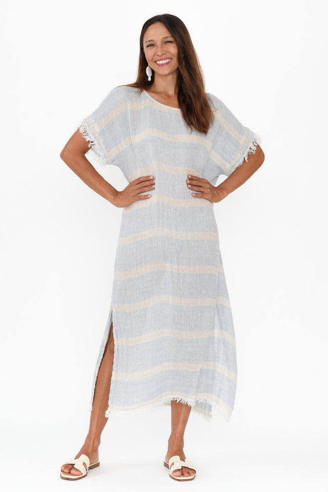 Galene Blue Stripe Linen Dress,Brunette model,alt text|model:Cara image 2