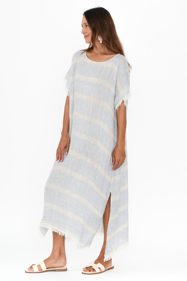 Galene Blue Stripe Linen Dress,Brunette model,alt text|model:Cara image 3