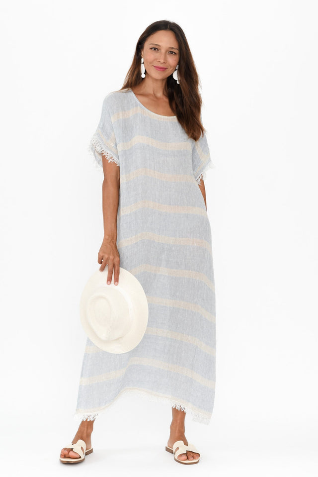 Galene Blue Stripe Linen Dress,Brunette model,alt text|model:Cara image 1