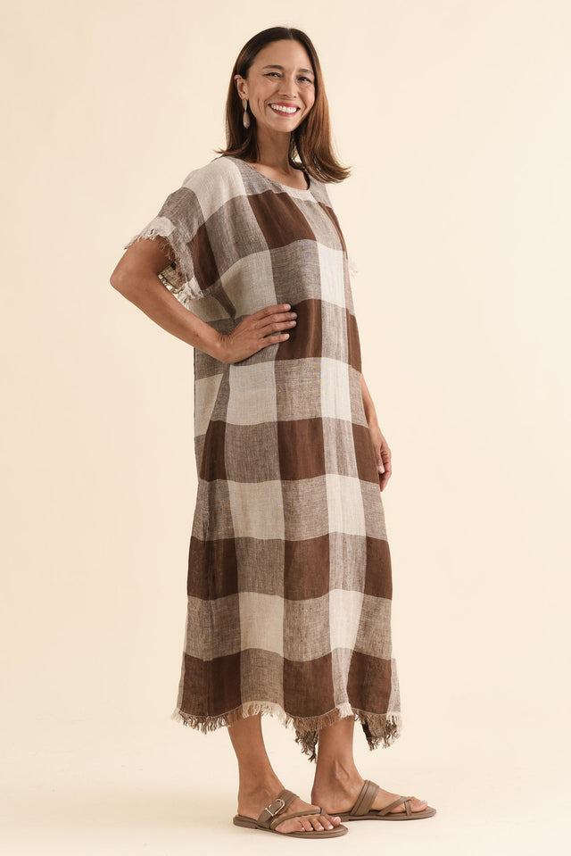 Galene Chocolate Check Linen Dress,Side,Brunette model,alt text|model:Cara image 3