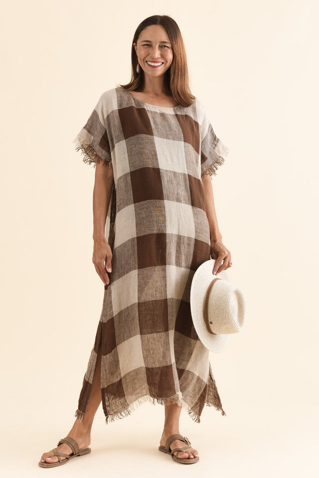 Galene Chocolate Check Linen Dress,Front,Brunette model,alt text|model:Cara