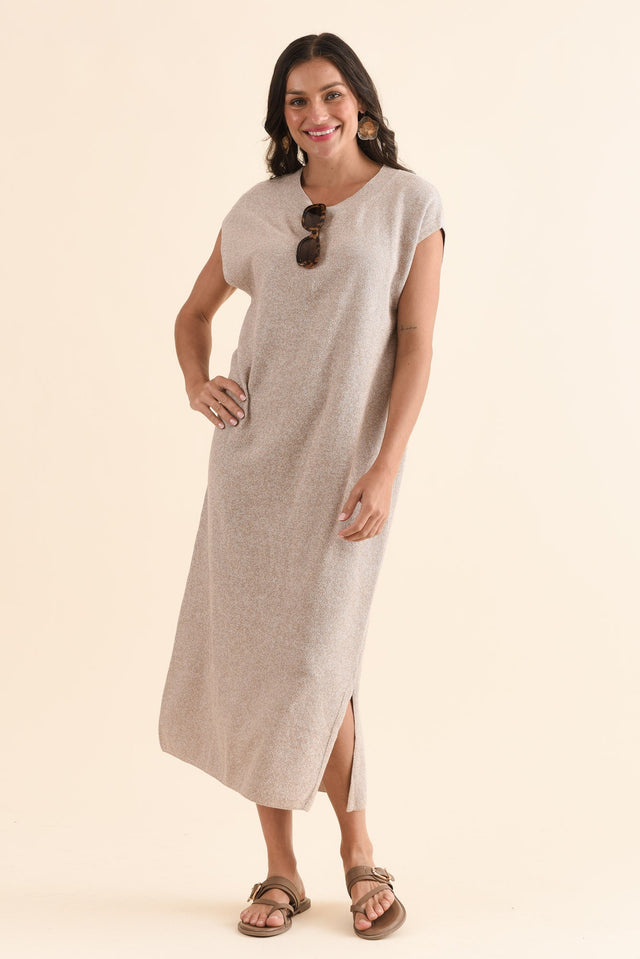 Garrick Beige Cotton Tie Dress,Front,Brunette model,alt text|model:Brontie image 1